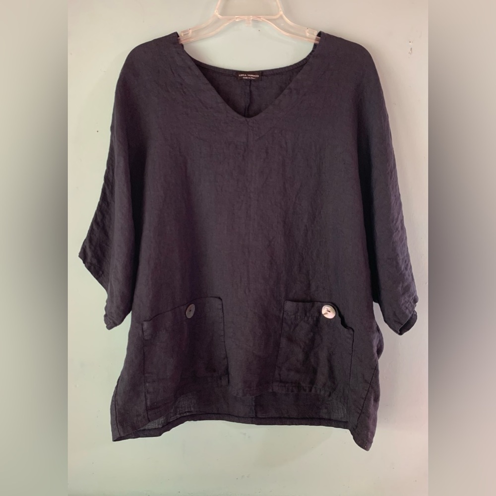 Linen V-Neck Oversized Pocket Top - Black